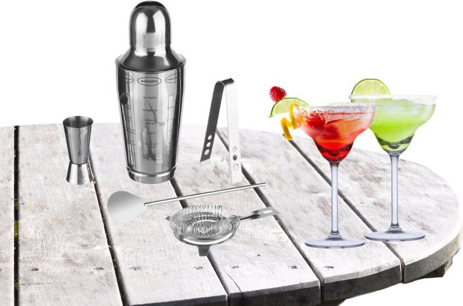 Secret de Gourmet Cocktailshaker set RVS 5-delig inclusief 4x margarita glazen 250 ml Cocktailshakers