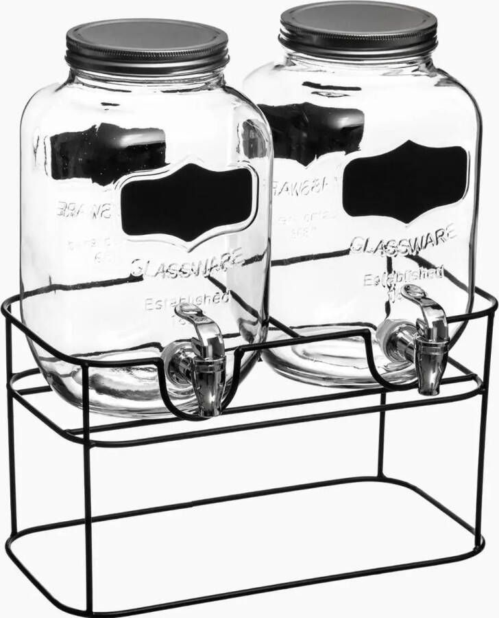 Secret de Gourmet Set van 2x stuks glazen drank dispensers 4 liter in houder met kunststof kraantje en krijt sticker Drankdispensers
