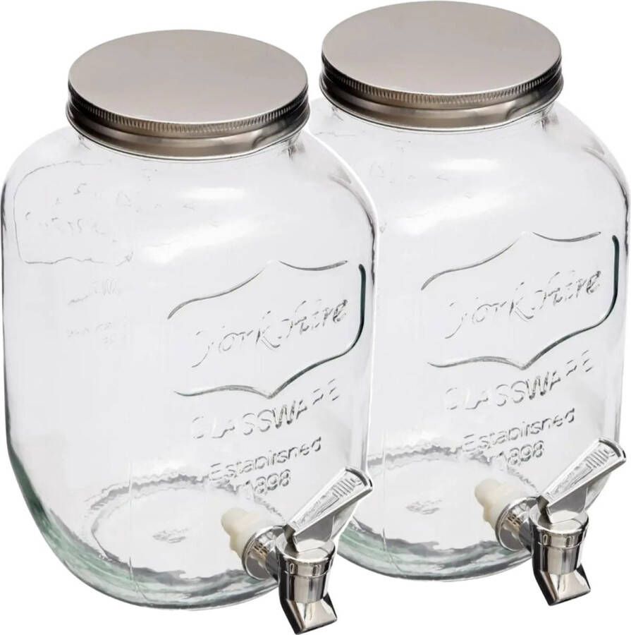 Secret de Gourmet 2x stuks glazen drank dispenser 8 liter met metalen kraantje en schroefdeksel Drankdispensers