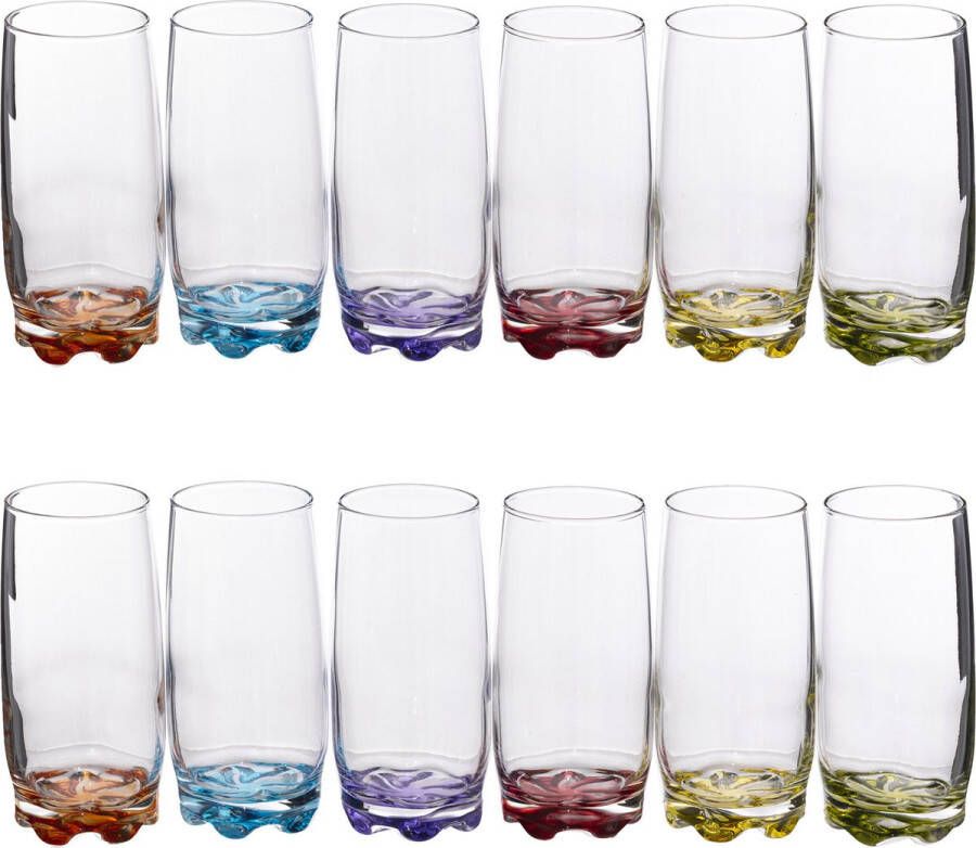 Secret de Gourmet Set van 12x stuks drinkglazen waterglazen kleurenmix 380 ml Drinkglazen