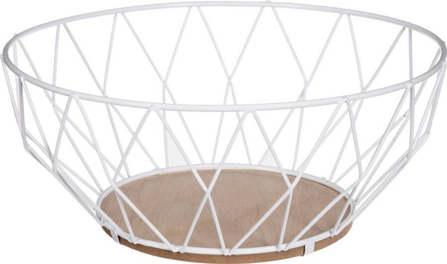 Secret de Gourmet Fruitschaal fruitmand rond wit metaal hout 28 cm Fruitschalen fruitmanden Draadmand van metaal