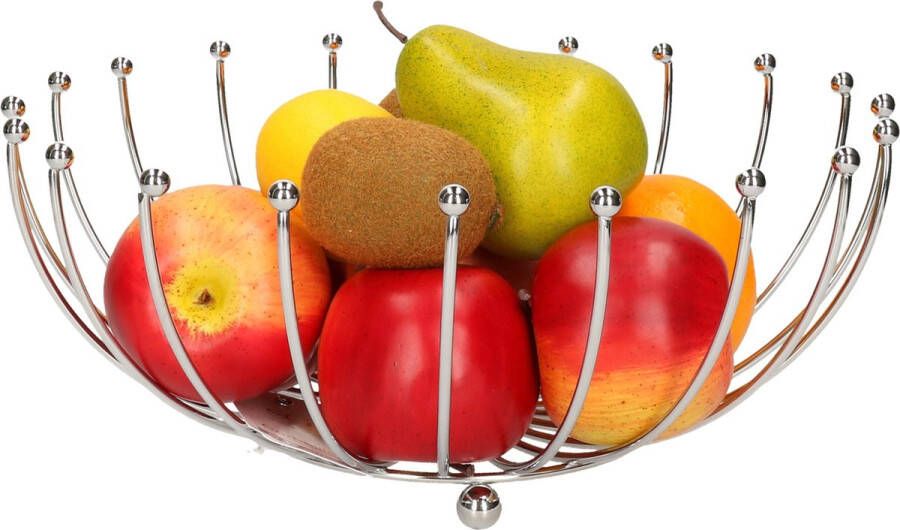 Secret de Gourmet Fruitschaal fruitmand rond zilver metaal 32 cm Fruitschalen fruitmanden Draadmand van metaal