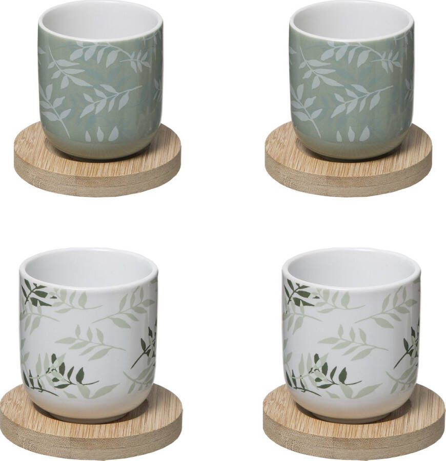 Secret de Gourmet koffie of thee kopjes set 4 stuks met onderzetter van bamboe Groen 13 cl In cadeaudoosje
