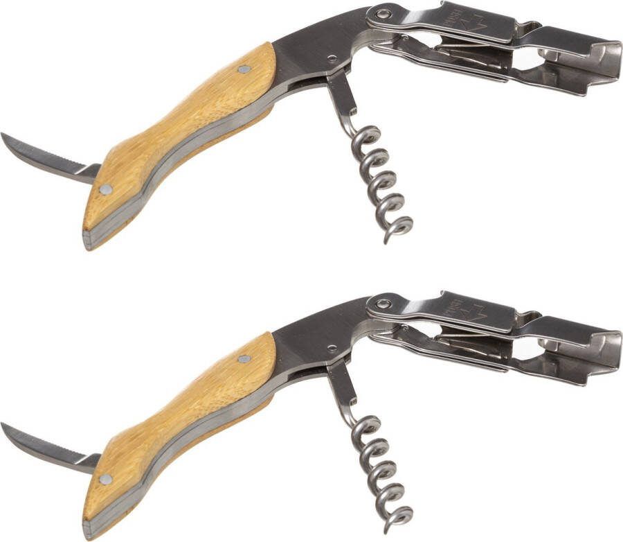 Secret de Gourmet Kurkentrekkers kelnermes 2 stuks met opener metaal bamboe 12cm