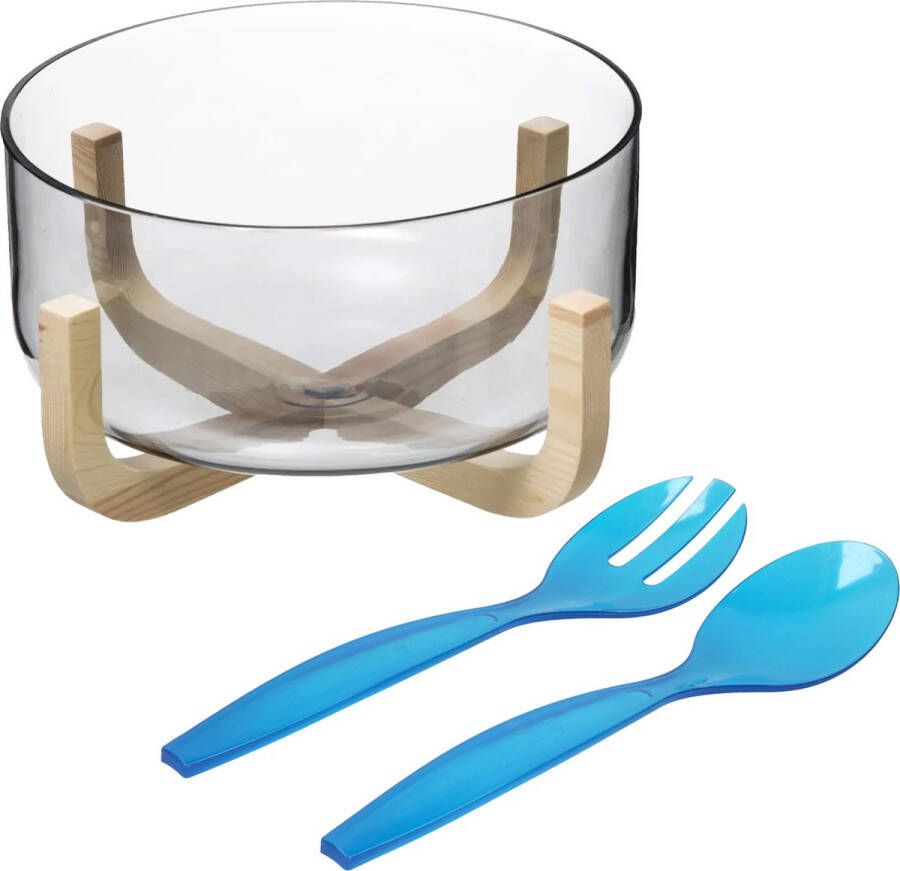 Secret de Gourmet Saladekom serveerschaal glas plastic slacouvert blauw Dia 24 cm Saladeschalen