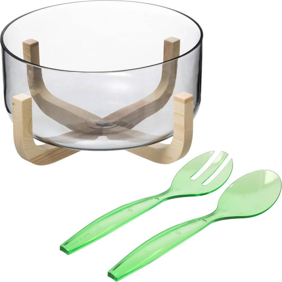 Secret de Gourmet Saladekom serveerschaal glas plastic slacouvert groen Dia 24 cm Saladeschalen