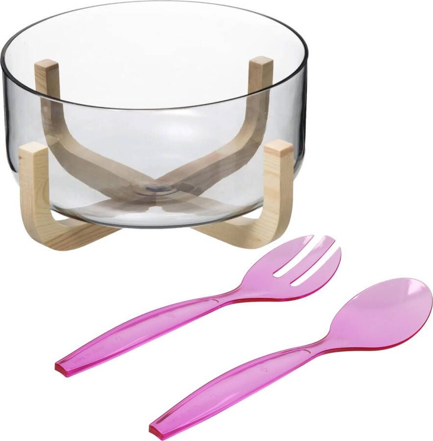 Secret de Gourmet Saladekom serveerschaal glas plastic slacouvert roze Dia 24 cm Saladeschalen