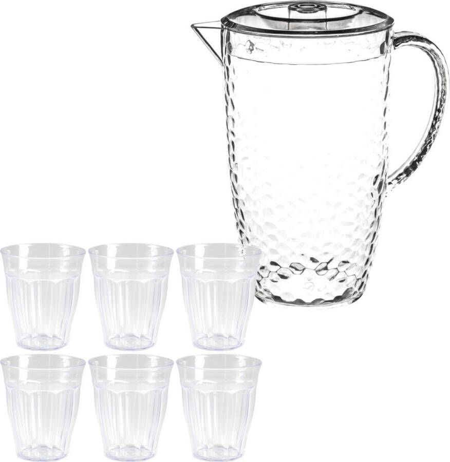 Secret de Gourmet Stevige sapkan water schenkkan karaf met deksel 2 liter set met 12x kunststof transparante drinkglazen 250 ml