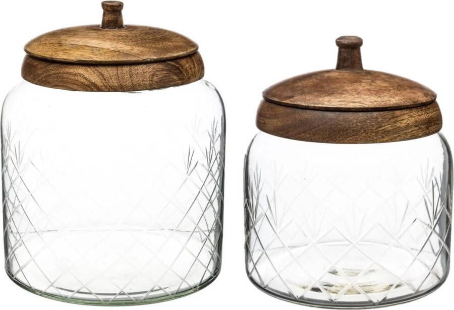 Secret de Gourmet Set van 2x snoeppotten voorraadpotten glas met mangohouten deksel 1200 ml 2700 ml Bonbonnieres