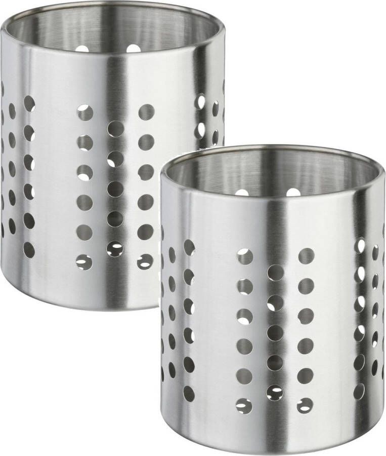 Secret de Gourmet Set van 2x stuks ronde keukengerei houder zilver 13 5 cm van RVS Keukengereihouder Pollepelhouder Spatelhouder