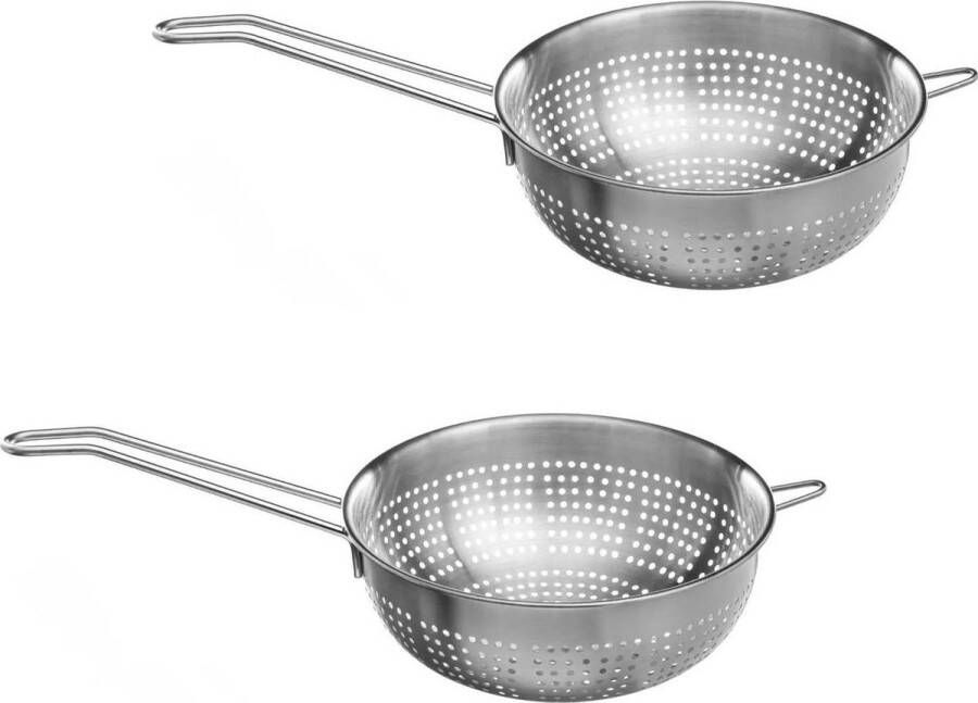 Secret de Gourmet Set van 2x stuks ronde vergiet zeef met lang handvat zilver 18 x 7 cm van RVS Keukenvergieten