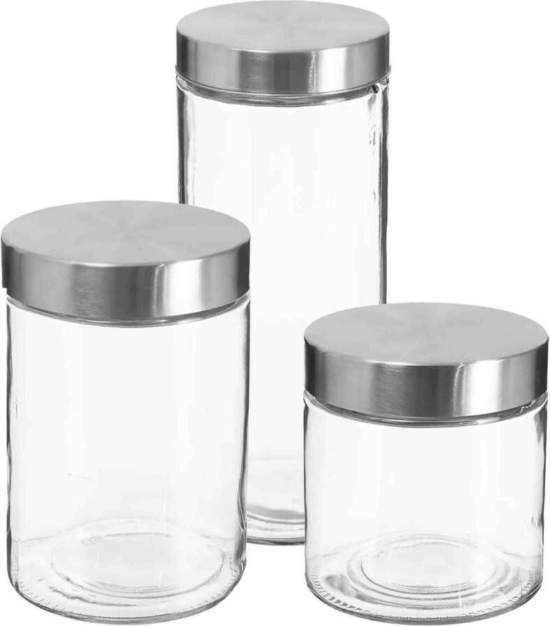 Secret de Gourmet Set van 3x keuken voorraadbussen potten glas RVS deksel 3 formaten Voorraadpot