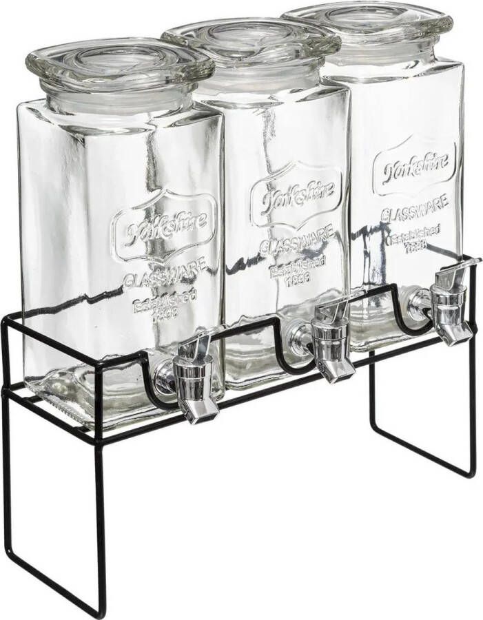 Secret de Gourmet Set van 3x stuks glazen drank dispensers 1 5 liter in houder met metalen kraantje Sapdispenser Drankdispenser