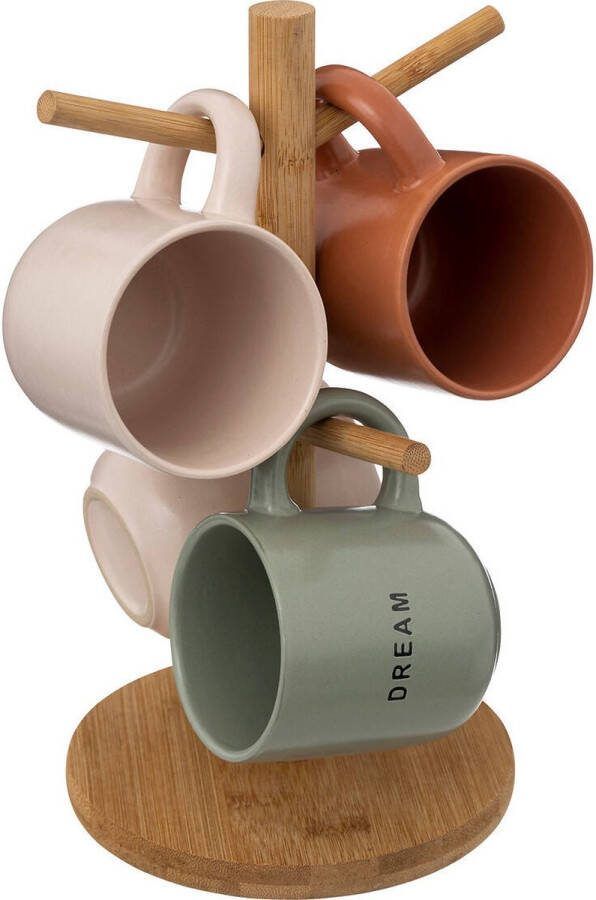 Secret de Gourmet Set van 4 keramische bekers op een bamboe standaard 240 ml