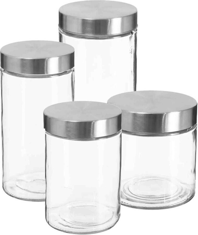 Secret de Gourmet Set van 4x keuken voorraadbussen potten glas RVS deksel 4 formaten Voorraadpot