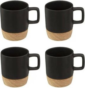 Secret de Gourmet Set van 4x koffiekopjes espressokopjes aardewerk zwart 120 ml bamboe onderzetter Koffie- en theeglazen