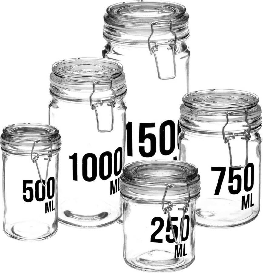 Secret de Gourmet Set van 5x keuken voorraadbussen potten glas beugelsluiting 5 formaten