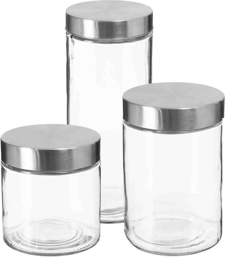 Secret de Gourmet Set van 6x keuken voorraadbussen potten glas RVS deksel 3 formaten Voorraadpot