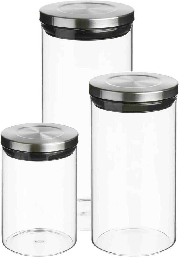 Secret de Gourmet Set van 6x keuken voorraadbussen potten glas RVS deksel 3 formaten Voorraadpot