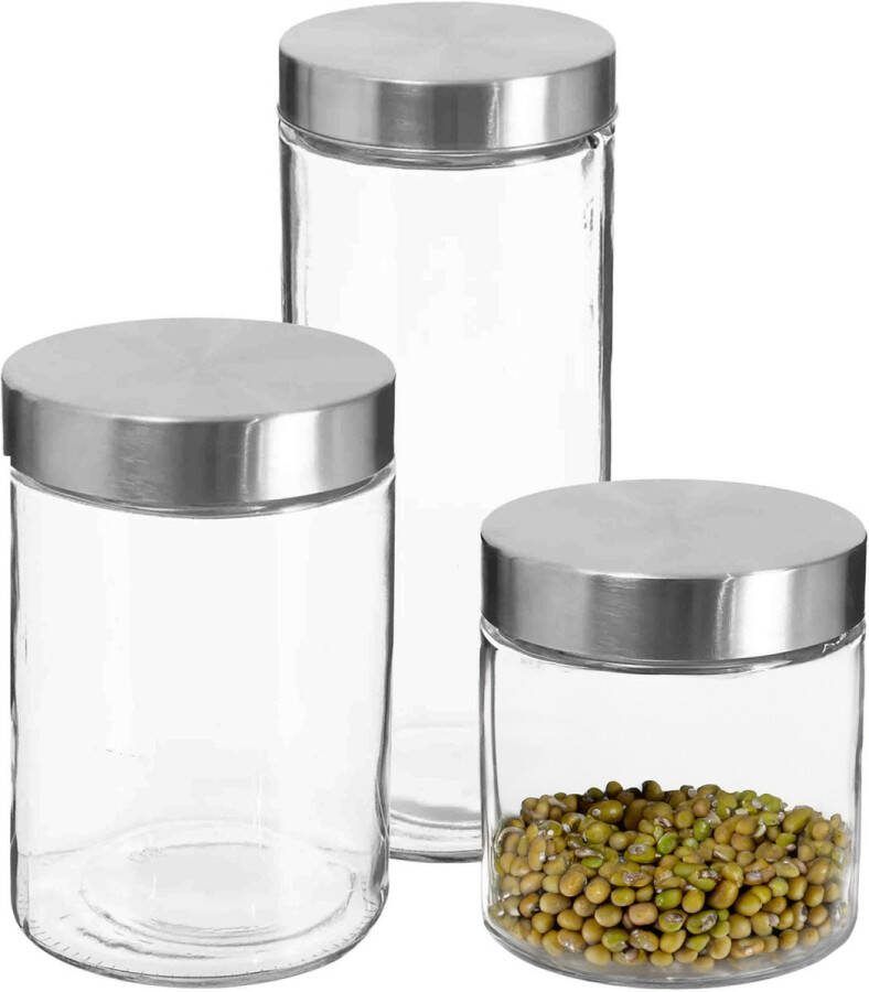 Secret de Gourmet Set van 6x keuken voorraadbussen potten glas RVS deksel 3 formaten Voorraadpot