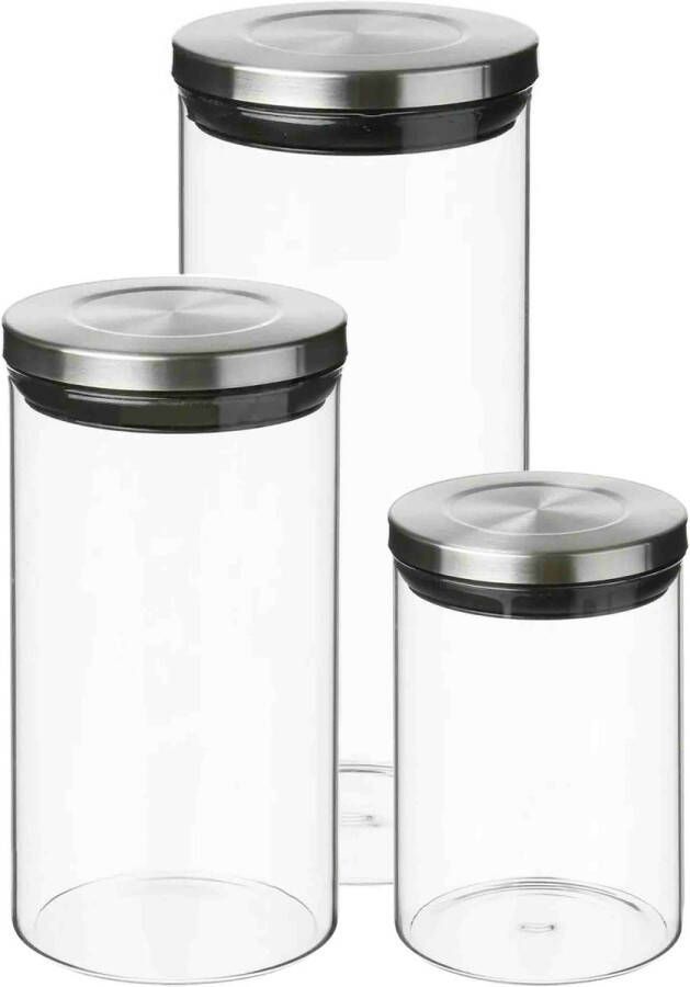 Secret de Gourmet Set van 7x keuken voorraadbussen potten glas RVS deksel 3 formaten Voorraadpot