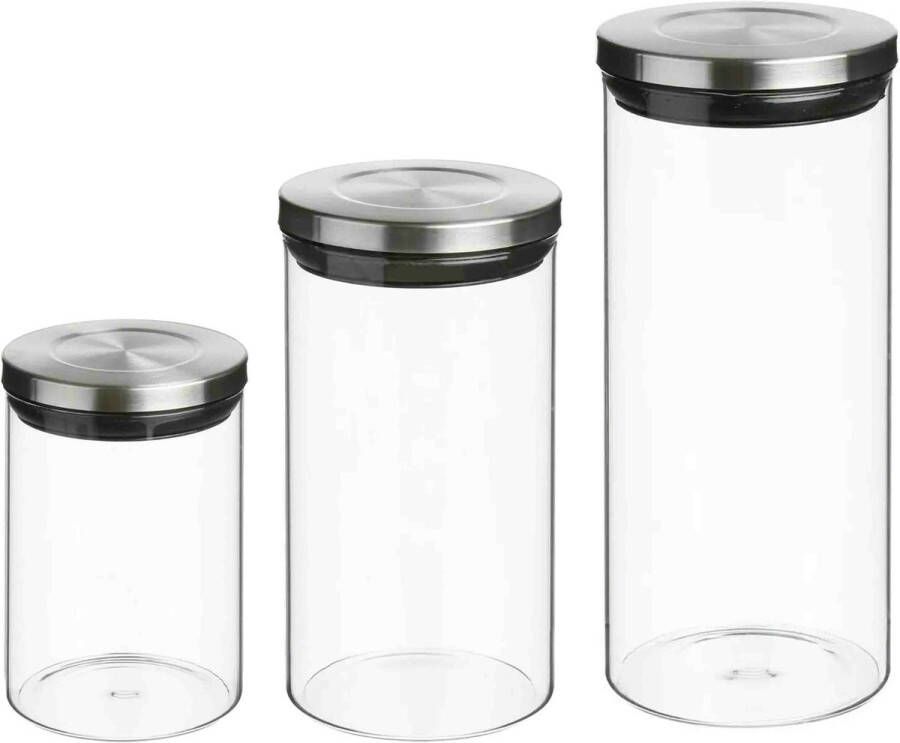 Secret de Gourmet Set van 8x keuken voorraadbussen potten glas RVS deksel 3 formaten Voorraadpot
