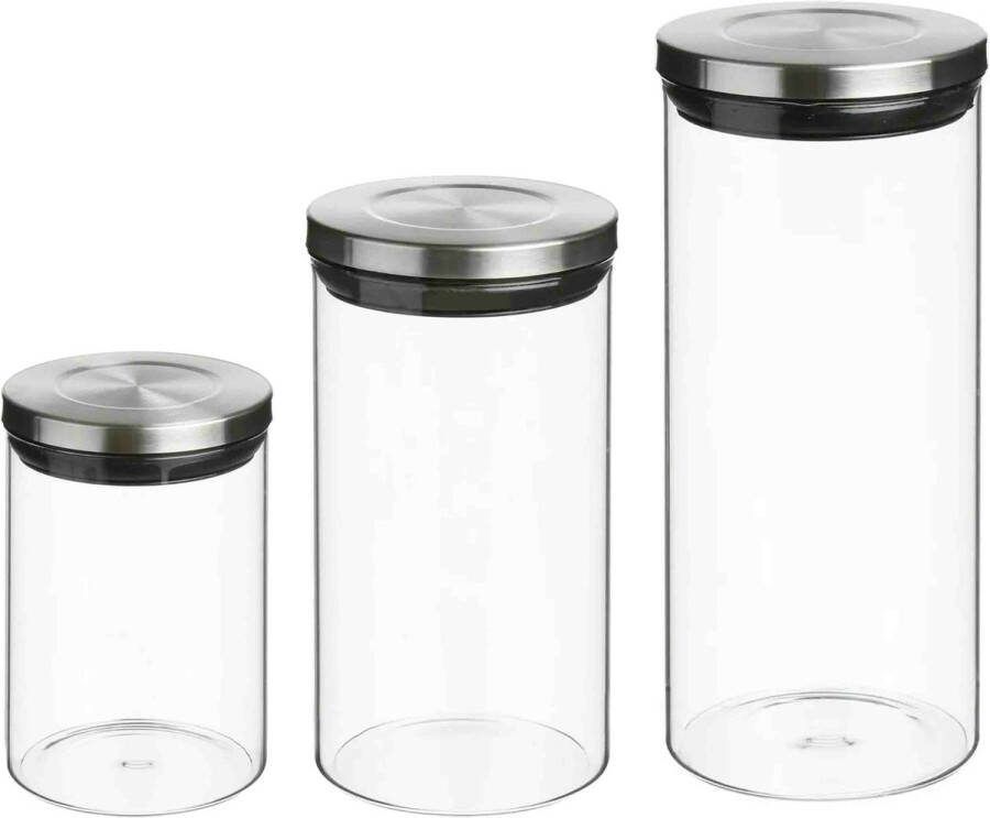 Secret de Gourmet Set van 8x keuken voorraadbussen potten glas RVS deksel 3 formaten Voorraadpot