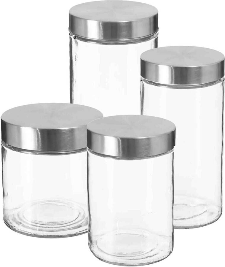 Secret de Gourmet Set van 8x keuken voorraadbussen potten glas RVS deksel 4 formaten Voorraadpot