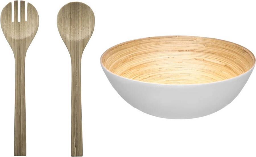 Secret de Gourmet Slakom schaal met slacouvert Bamboe D30 cm Saladeschalen