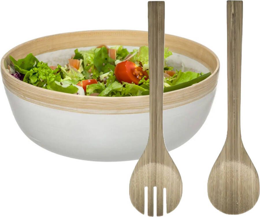 Secret de Gourmet Slakom schaal met slacouvert Bamboe D30 cm Saladeschalen