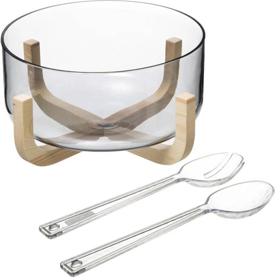 Secret de Gourmet Slakom schaal met slacouvert Glas hout D24 cm Saladeschalen