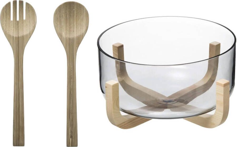 Secret de Gourmet Slakom schaal met slacouvert Glas hout D24 cm Saladeschalen