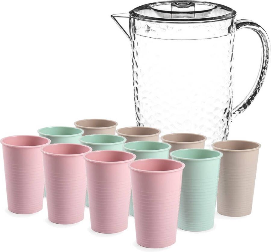 Secret de Gourmet Stevige sapkan water schenkkan karaf met deksel 2 liter set met 12x kunststof multicolor drinkglazen 200 ml