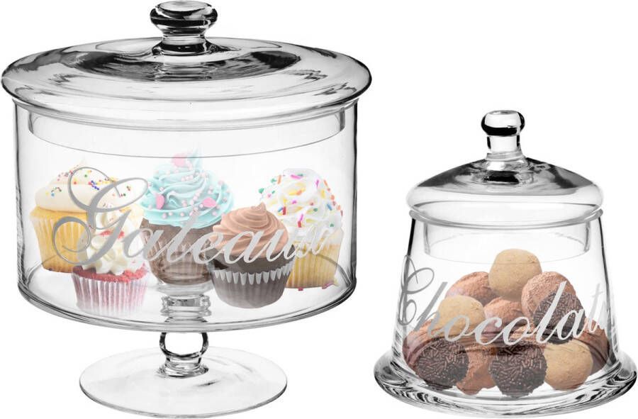 Secret de Gourmet Set van 2x voorraadpotten koektrommels 0 4L en 1 8L glas met deksel Voorraadpot