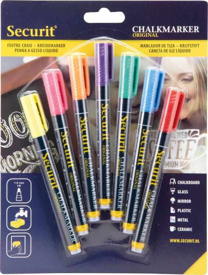 Securit 7x Gekleurde vloeibare krijtstiften ronde punt 1-2 mm Krijtstiften hobby artikelen kantoor benodigheden