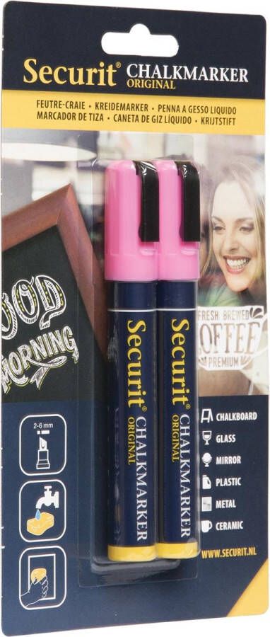 Securit krijtmarker medium blister van 2 stuks roze