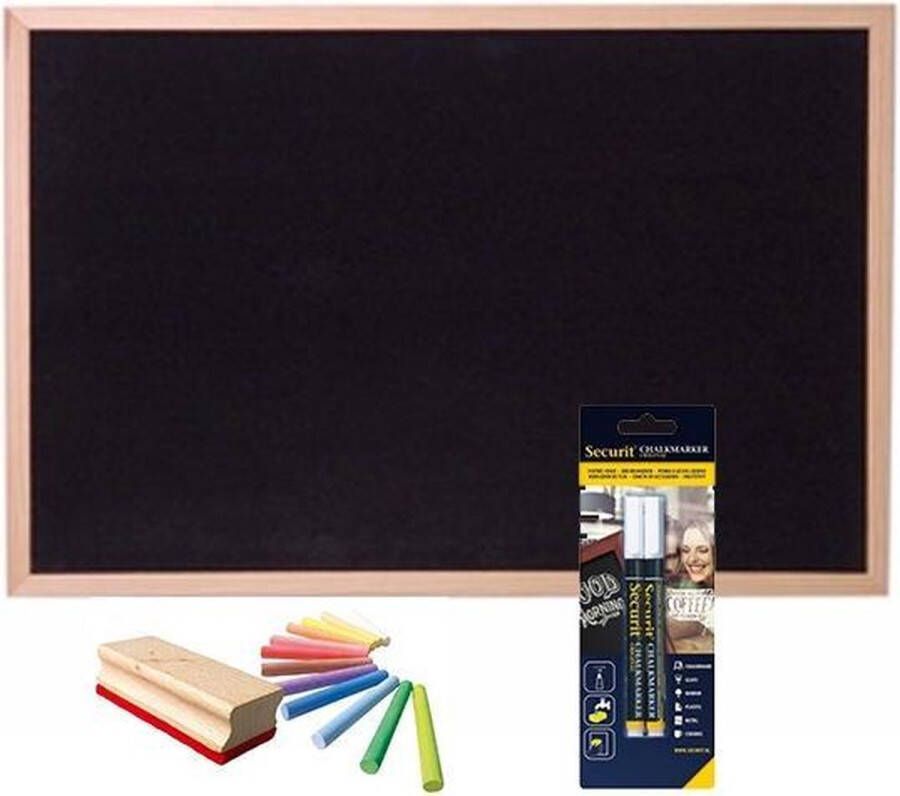 Securit Schoolbord krijtbord 30 x 40 cm met krijtjes 2x witte krijtstiften 12x kleur krijtjes en een bordwisser Schoolborden set