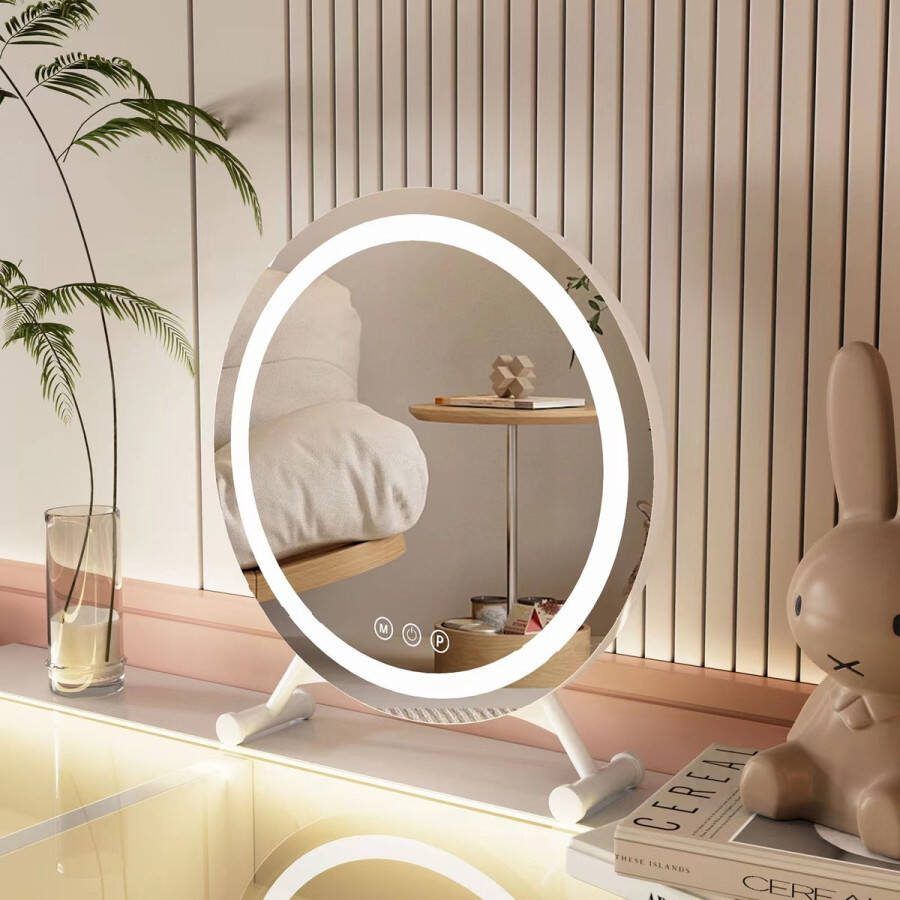 Sefaras Make-up Spiegel Hollywood Spiegel Diameter 45cm 3 Lichtkleuren Inclusief X5 vergrootspiegel Met Led-verlichting Met touchscreen Wit