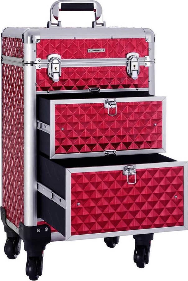Segenn 's Professionele make up koffer make-up koffer kapperskoffer Met 4 verwijderbare universele rollen -bovenkant met 3 niveaus Rood