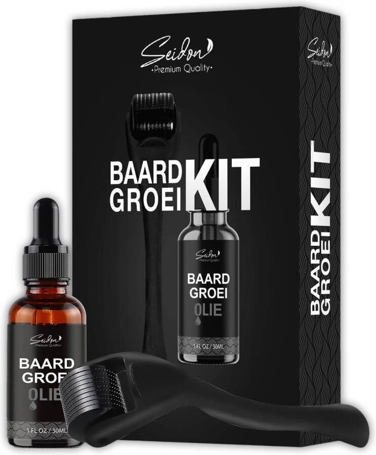 Seidon ™ Baardgroei Kit met Extra Groot Flesje Olie en Baard Roller Dermaroller Baardgroei Stimuleren – Baardolie – Beard Growth Kit