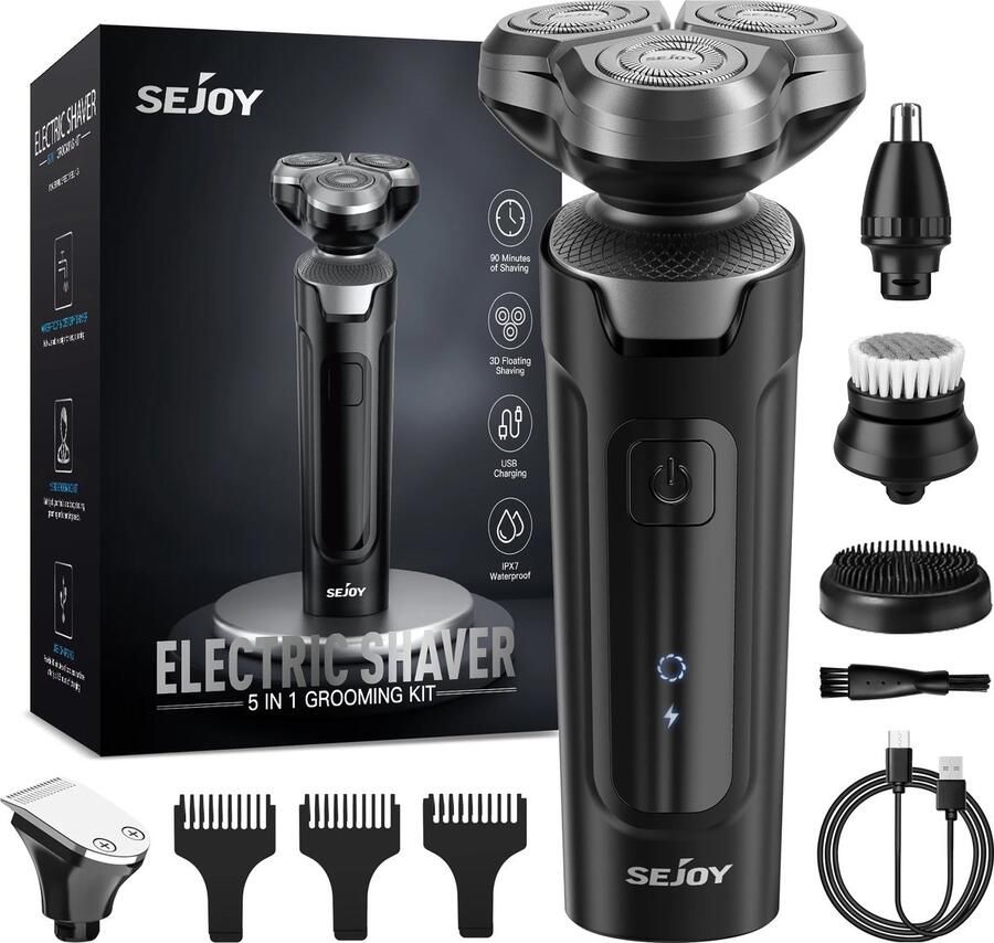 SEJOY Seastone Elektrische Scheerapparaat van 5-in-1 Tondeuse Gezichtsreinigingsborstel Precisietrimmer Neus- en oortrimmer Gezichtsmassageborstel Zwart