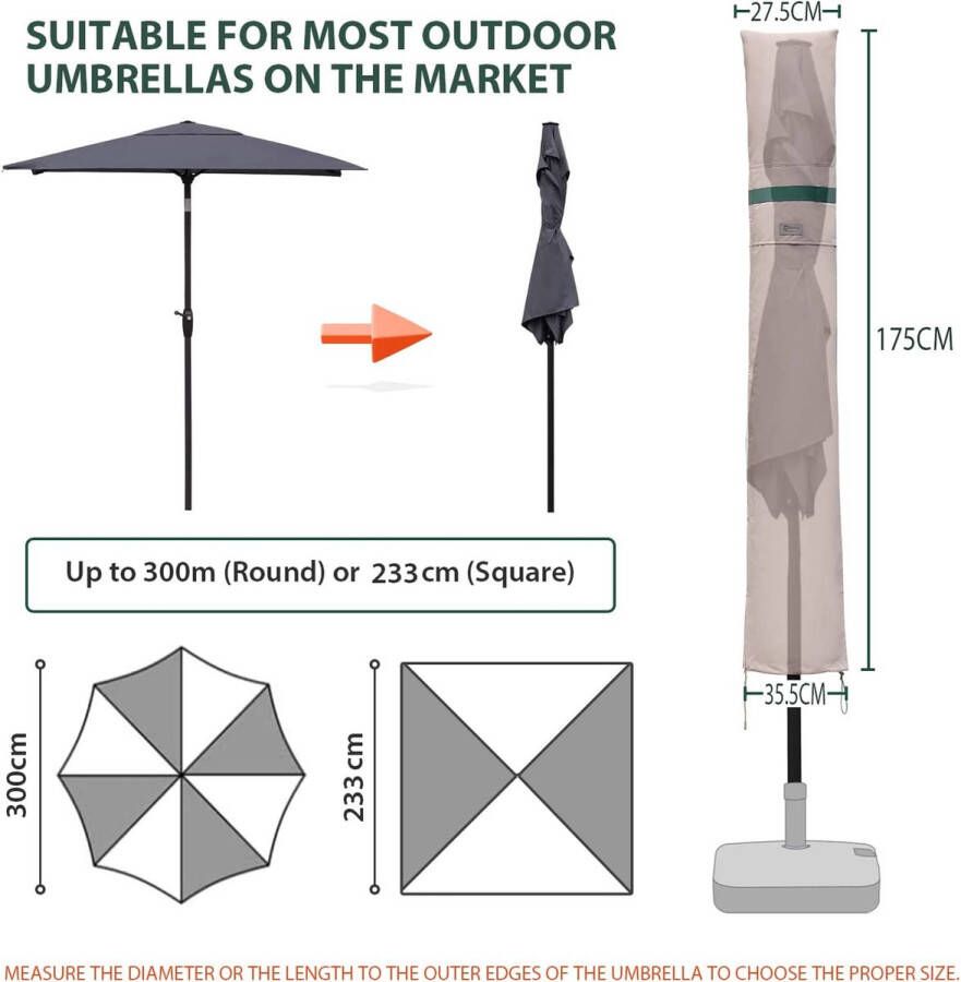 Sekey Parasol beschermhoes met staaf afdekkappen voor Ø 300 cm tuinscherm met ventilatieopeningen afdekking voor marktparasol balkonscherm 100% polyester waterdicht kaki