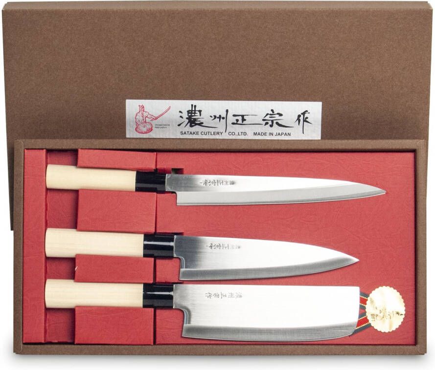 Seki Satake Houcho Japanse Messenset voor de keuken 3-delig Sashimi Santoku en Nakiri lemmet van roestvrij staal extreem scherp licht in gewicht