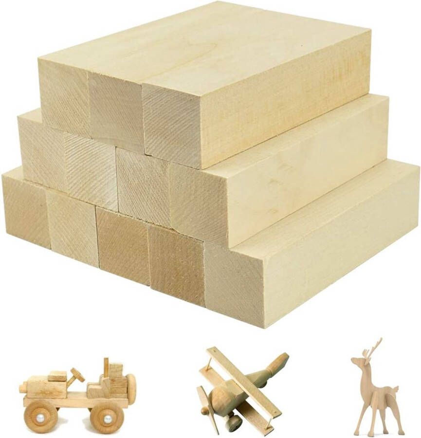Selwo 12 stuks houtsnijhout natuurlijk lindehout onbewerkt balsahout om te snijden houten blokken onbehandeld snijblok basswood snijblokken voor kinderen en volwassenen doe-het-zelf snijwerk (10 x 2 5 x 2 5 cm)