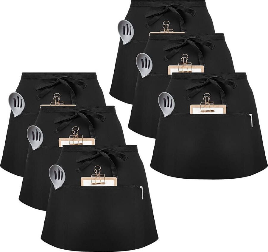 Selwo 6 stuks voorbinders schort taille schort met 3 zakken bistroschort kookschort bakschort voor bistro restaurant (zwart katoen)