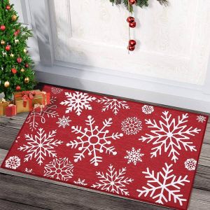 Selwo Kerstdeurmat voor binnen en buiten deurmatten antislip vloermat met sneeuwvlok kerstdecoratie voor keuken woonkamer vuilvangmat wasbaar rood 40 x 60 cm