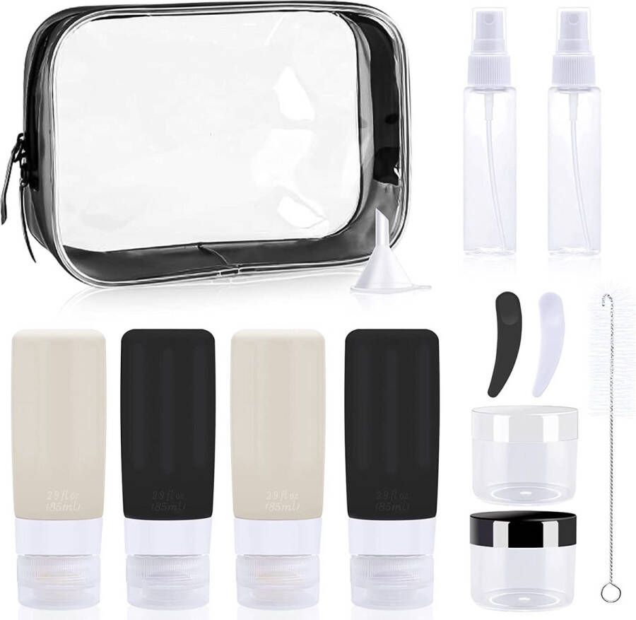 Selwo Set van 13 siliconen reisflessen zwart en wit reisflessen om te vullen TSA goedgekeurde lekvrije reisflessenset reisfles voor shampoo lotion spoeling douchegel lichaamsverzorging