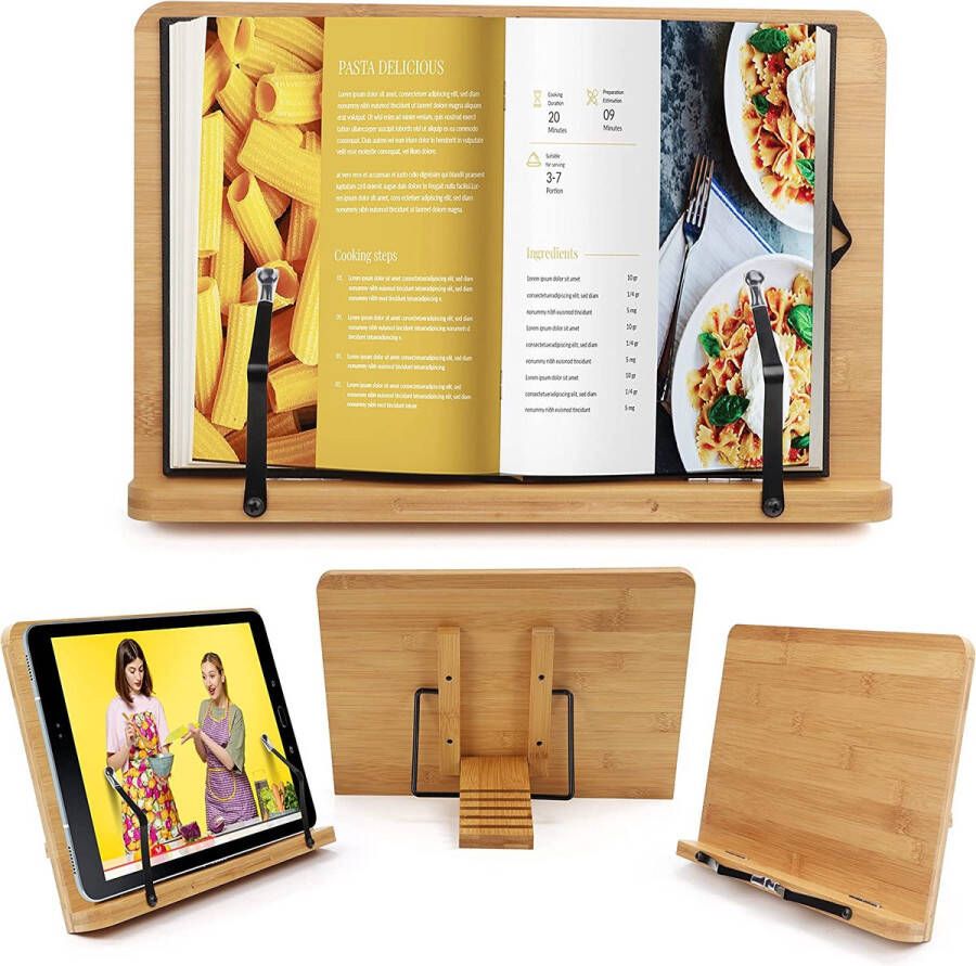Selwo Verstelbare bamboe kookboekhouder met zijhouder boekenhouder leesstandaard 33 5 x 24 cm opvouwbare houten muziekstandaard houdt grote en kleine lees- muziek- kookboeken iPads en tablets