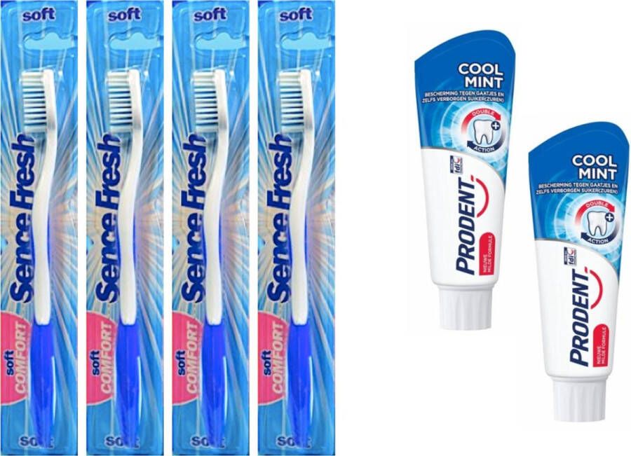 Sence 4 tandenborstels soft + 2 Prodent Cool Mint Tandpasta blauw