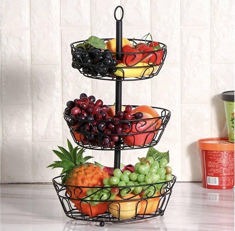 Shopproducts Fruitschaal 3 lagen Fruitschaal etagere Fruitmand metaal Zwart Decoratie schaal Fruit Cupcakes Etagere 30x52